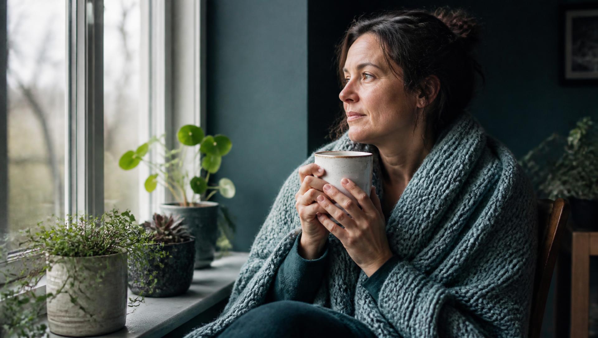 Woman wrapped in a blanket resting by a window with a warm mug