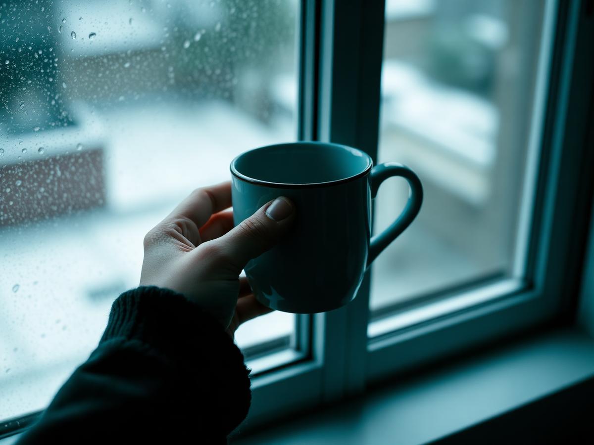 Hands holding a warm mug by a rainy window